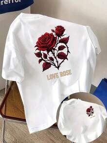 Women's T-Shirt With Black And Red Rose Print - Short Sleeve, Round Neck, Floral Design On Front And Back, Gold 'Love Rose' Lettering - Fitted Blouse For All Seasons, Ideal For Spring And Summer Outfits (Machine Washable) Y2k T-Shirt Shirt - 白色 - 查看 1