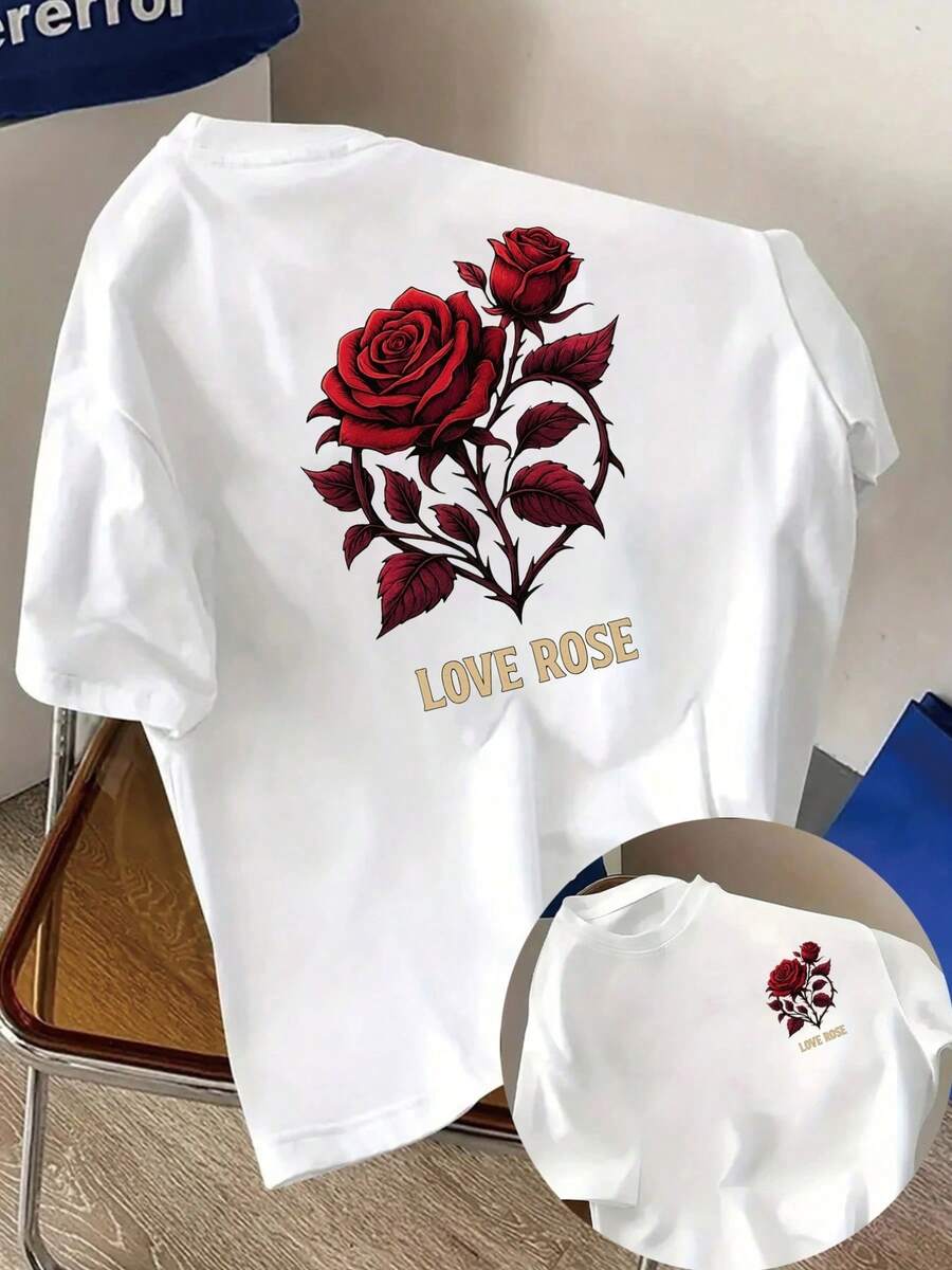 Women's T-Shirt With Black And Red Rose Print - Short Sleeve, Round Neck, Floral Design On Front And Back, Gold 'Love Rose' Lettering - Fitted Blouse For All Seasons, Ideal For Spring And Summer Outfits (Machine Washable) Y2k T-Shirt Shirt - 白色 - 查看 1