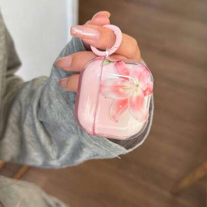 Fashionable Creative Transparent Pink Lily Flower Earphone Case + Hanging Ring Set, Compatible With Apple Pro2 Case/ Pro Case/ 4 Case/ 3 Case/ 2 Case, Minimalist Earphone Case, Apple Earphone Case, Spring/Summer Earphone Case, Birthday/Holiday Gift. Please Remove The Protective Film Before Use.