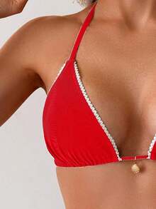 Swim Vcay - Conjunto de Bikini Triangular Sexy con Ribete de Encaje para Mujer, 2 Piezas, Conjunto de Bikini Halter con Tiras Simples para Vacaciones de Verano en la Playa - Rojo - Ver 4