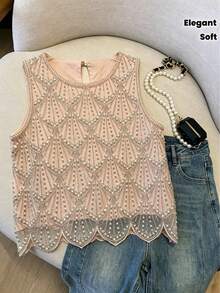 Blusa elegante de fiesta de color rosa pálido para mujer - Blusa sin mangas brillante con lentejuelas, vestimenta formal/casual transparente y protectora - Vestido de noche de fácil cuidado, lavado a mano, moda de verano, diseño texturizado, costuras delicadas, lentejuelas brillantes, atuendo de fiesta - Rojo violeta - Ver 11