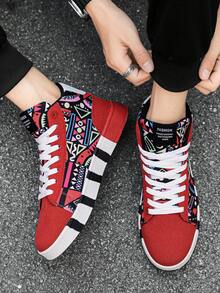 Men's Geometric Pattern Random Graffiti Print High-Top Lace-Up Red Stylish Sneakers, Versatile Rubber Anti-Slip Durable Sole, Suitable For Outdoor Sports For Teenagers - Black and Red - View 12