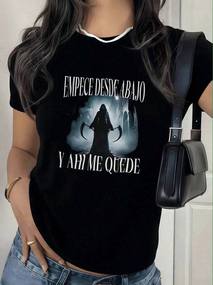 Camiseta Estampada para Mujer,Diseño de Parca con Hoces y Frase,Tejido 220g Cómodo y Casual. - Negro - Ver 1