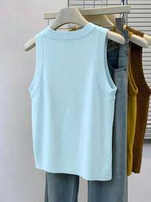 Top de punto de cuello redondo en color sólido para mujer de , minimalista y versátil, para verano. - Rosa - Ver 9