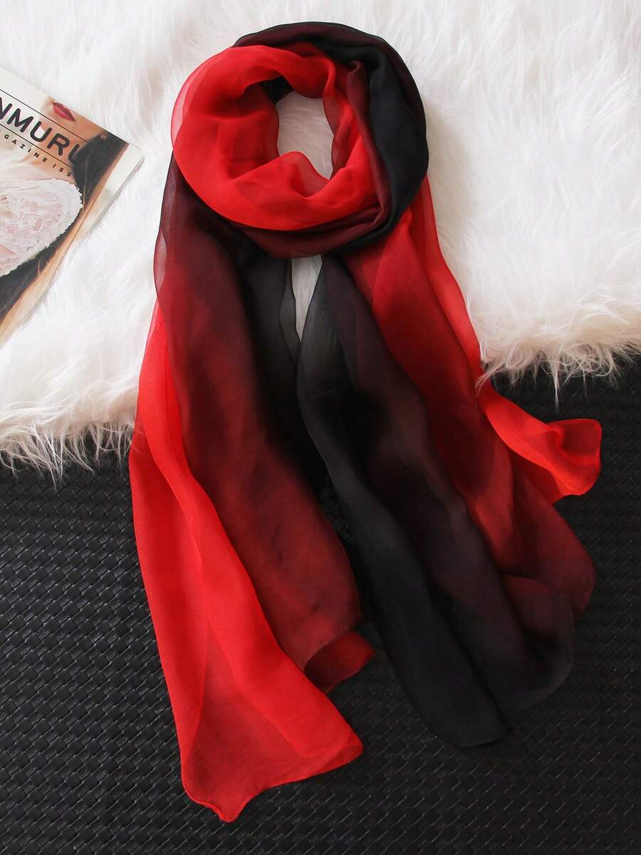 1 pieza Bufanda de gasa con degradado de colores del arcoíris, chal ligero y versátil para mujeres - Negro y rojo - View 1