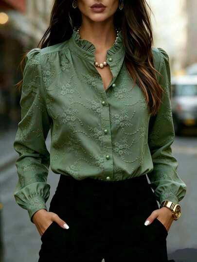 Women's Long Sleeve Solid Color Shirt With Floral Embroidery Collar - Fashionable Casual Business Commuter Shirt Suitable For Office, Work, Home And All Year Round Wear, Spring/Summer/Autumn/Winter