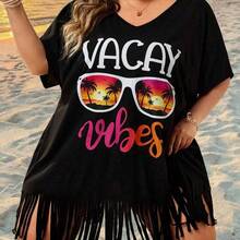 CURVE+ Curve Size US22Music Festival, Seaside Vacation, Bohemia Women's V-Neck Printed Loose Beach Cover-Up Top, Suitable For Summer Beach Vacation Plus Size Bathing Suits Women - Albaricoque - Ver 8