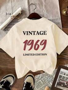 New Summer Collection 2026, Fashion [Double-Sided Print] Women's Casual Summer Top, VINTAGE 1969 LIMITED, Suitable For All Seasons, Comfortable, LIMITED EDITION VINTAGE 1969, Retro Digital Print, Versatile Clothing, Comfortable Material, Short Sleeve T-Shirt, Summer T-Shirt For Fashion Enthusiasts. - 杏色 - 查看 3