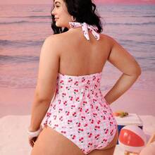 Swim Mod Plus Size Women Swimsuit, Sweet & Cute Casual Beach Holiday Random Floral, Plaid, Cherry Print Criss-Cross Ruffle Halter Tie Two Pieces Tankini Swimwear - Rosa - Ver 3