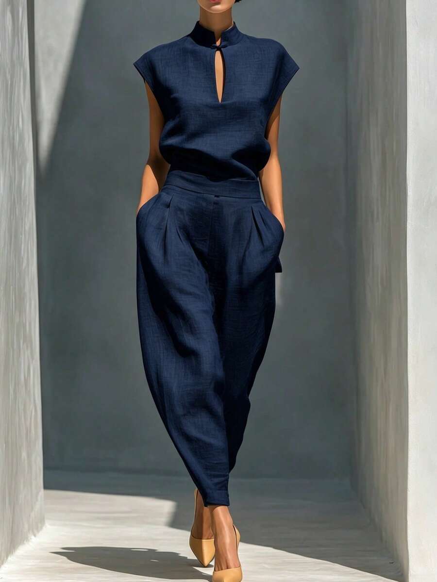 Ocio independiente, moda y elegancia, cuello, imitación de tela de cáñamo, adelgazamiento de dos piezas - Azul - Ver 1