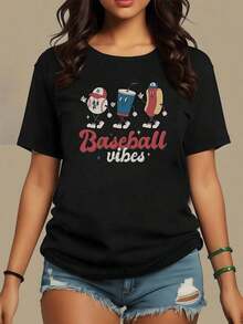 Cheerful Graphic With Baseball, Soda And Hot Dog Celebrating Festive Moments Of Togetherness As A Family, Women's T-Shirt, 100% Soft Cotton, Comfortable For Christmas, Maija Women. - 黑色 - 查看 8