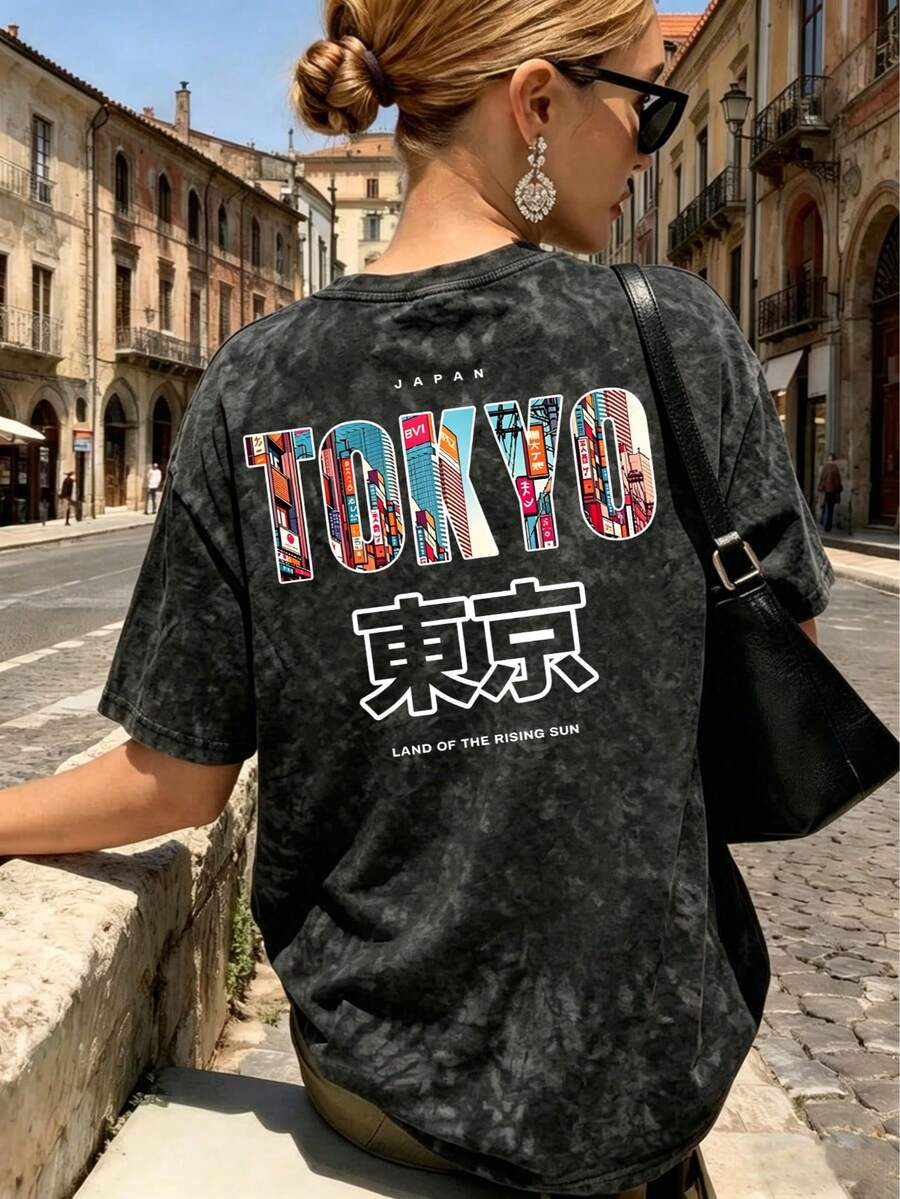 Japan Tokyo Letter Print Oversized T-Shirt Casual - Black - View 1
