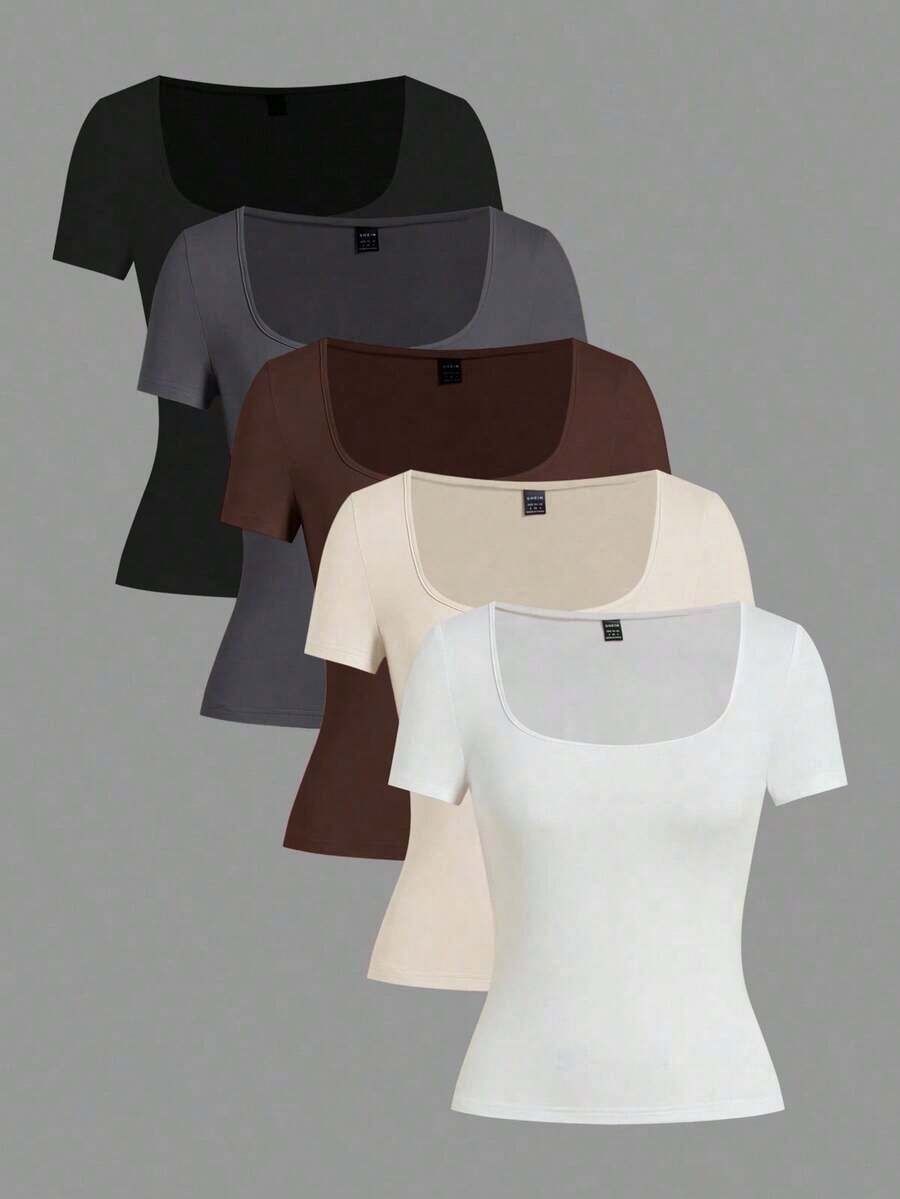 Set de 3 camisetas de punto para mujer, multicolor, camisetas básicas de primavera/verano para mujer, tops ajustados básicos, paquete de tops básicos, tops básicos para mujer, tops de ajuste ceñido, tops básicos, tops de mujer de cuello cuadrado, tops de verano para mujer, tops de manga corta para mujer, tops de verano para mujer, camisetas de mujer - Multicolor 3 - Ver 1