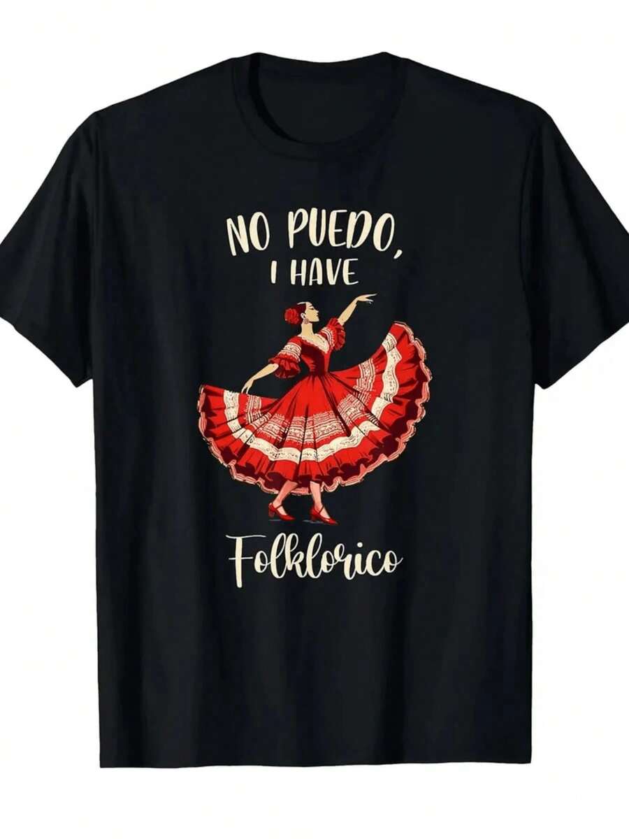 Camiseta gráfica de danza folclórica artística para mujer Camiseta de algodón cómoda con estampado cultural único, perfecta para amantes de la danza y ropa informal elegante. ¡Exprésate a través de la moda! - Negro - Ver 1