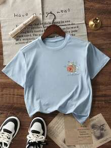 Women's Summer T-Shirt, Turtle, Floral And Letter Print, Round Neck, Casual, Loose Fit, For Beach Vacation, White Blouses For Women Clothing - 淺藍色 - 查看 5