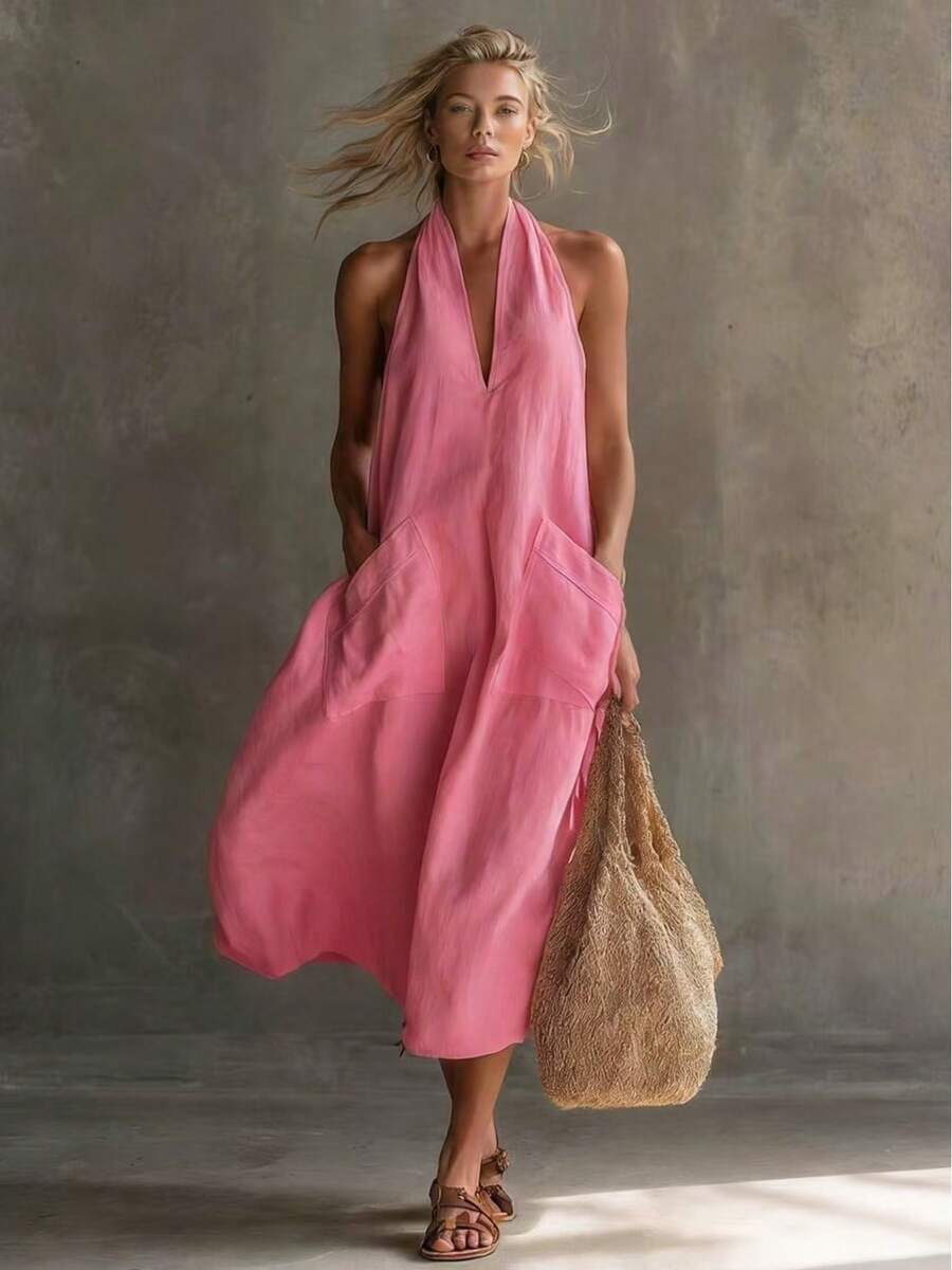 KZKZWK Women's Halter Neck Linen Maxi Dress, Sold Out Viral Casual Dress, V-Neck Sleeveless Loose Fit Dress With Pockets, High Demand Limited Stock, Beach Co - 粉紅色 - 查看 1