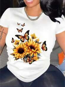 Women's Casual T-Shirt With Sunflower And Black Butterfly Print - Round Neck, Short Sleeve For Spring Summer, Machine Washable, Comfortable Vacation Clothes 1 Sexy Casual Sweet Party Elegant High Elasticity Beach Night Out Vacation Wedding Summer Heart Graphic - 白色 - 查看 1