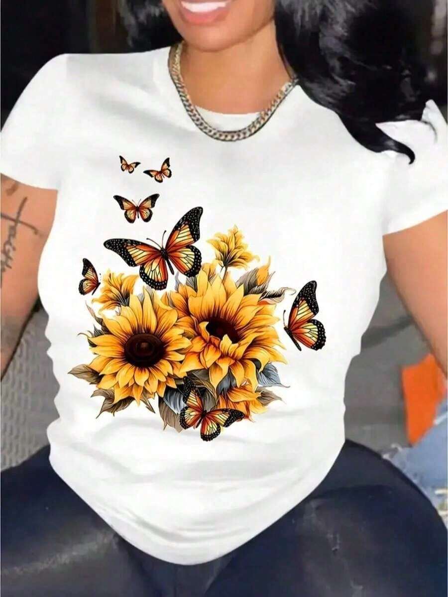 Women's Casual T-Shirt With Sunflower And Black Butterfly Print - Round Neck, Short Sleeve For Spring Summer, Machine Washable, Comfortable Vacation Clothes 1 Sexy Casual Sweet Party Elegant High Elasticity Beach Night Out Vacation Wedding Summer Heart Graphic - 白色 - 查看 1