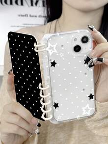 1pc Black & White Polka Dot + Star Print Flip Cover Phone Case, Notebook Style Protective Phone Case, Cute Phone Case With Lanyard Design, Compatible With IPhone & Galaxy, Daily Essential Phone Accessory, Suitable As Gift Or Daily Use, Cute Aesthetic For Daily/Party, Fast Shipping - Multicolor - View 3