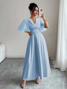 YHHElenzga Nuevo vestido casual, elegante y de vacaciones para mujer con diseño de cuello, cintura plisada, parche de gasa y mangas con volantesYHH - Celeste - Ver 6