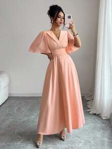 asual, elegante y de vacaciones para mujer con diseño de cuello, cintura plisada, parche de gasa y mangas con volantes - Rosa vieja - Ver 4