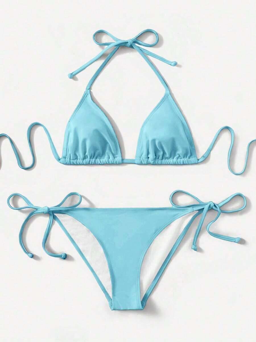 Women's Simple Solid Color Swim Bikini With A Halter Neck And Cutout, Suitable For Beach Vacations And Summer. - Blue 3 - View 1