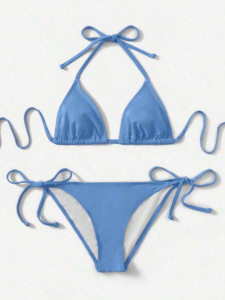 Women's Simple Solid Color Swim Bikini With A Halter Neck And Cutout, Suitable For Beach Vacations And Summer. - Blue 4 - View 1