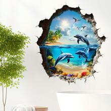 1pc 2D Stereoscopic Dolphin Wall Sticker, Tropical Ocean Scene, Creates Immersive Visual Effect - Multicolor - View 5