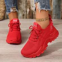 FZY Women's Thickened Flat Sneakers, Breathable Knitted Mesh Lace-Up Walking Shoes, Comfortable And Lightweight, Versatile Shoes For Everyday Casual Wear. - 紅色 - 查看 5