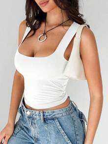 Sleeveless U-Neck Ribbed Tank Top Women Solid Color White Black Slim Fit Casual Basic Tee - White - View 5