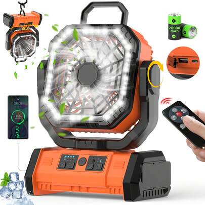 BDQ 20000mAh Camping Fan With LED Lantern, Rechargeable Battery Operated Oscillating With Remote Hook, Portable Tent Fan With Timer, 4 Speeds For Outdoor RV Jobsite Power Outage