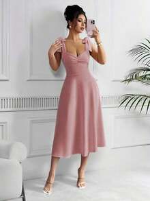 elegante y romántico para mujer con lazo decorativo en la cintura y corte evasé sin mangas - Rosa vieja - Ver 3