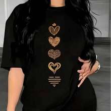 1 pcs"Playera Negra para Mujer con Estampado de Corazones Dorados – Casual, Moderna, Estilo Urbano y Romántico"180g 100% Cotton - Negro - Ver 6