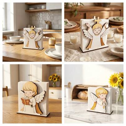 1pc European Religious Theme Wooden Tissue Holder. Guardian Angel Design Upright Paper Napkin Rack Dispenser. For Home Kitchen Restaurant Cafe Dining Room Table Centerpiece. Farmhouse Style Creative Holy Blessing Church Event Birthday And Wedding Party Supplies.