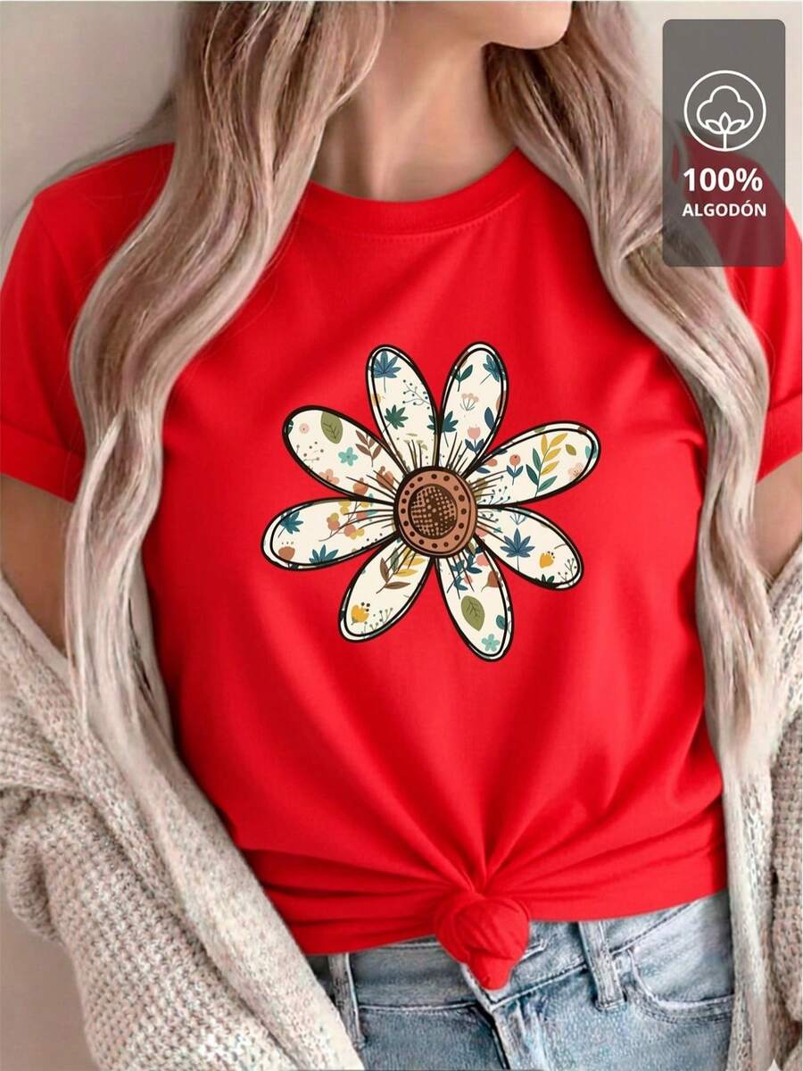 100% Cotton T-Shirt With Multicolor Floral Mandala - [Red] - View 1