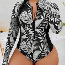 Swim SPRTY Plus Size Women One-Piece Zipper Front Random Print Long Sleeve Slimming Swimsuit, Suitable For Surfing, Sports, Beach, Pool - Blanco y Negro - Ver 1