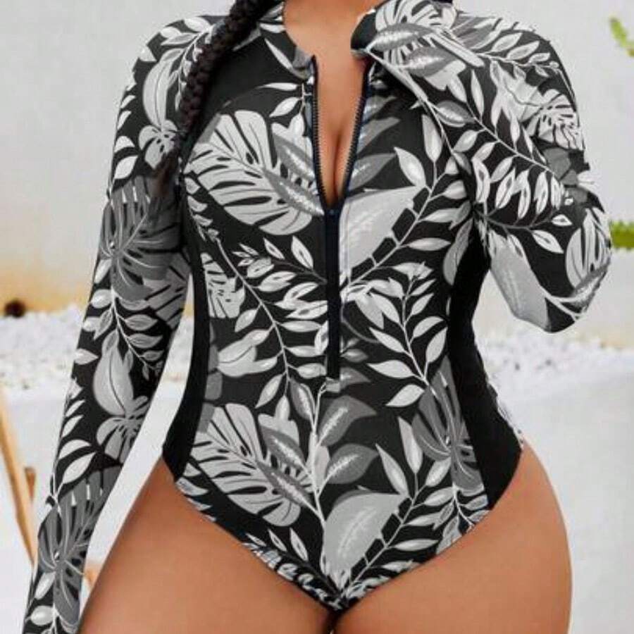 Swim SPRTY Plus Size Women One-Piece Zipper Front Random Print Long Sleeve Slimming Swimsuit, Suitable For Surfing, Sports, Beach, Pool - Blanco y Negro - Ver 1