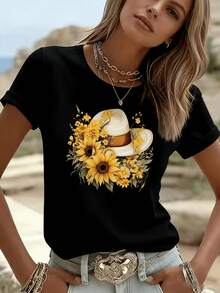 Camiseta de algodón de manga corta para mujer, con estampado gráfico de girasoles y flores, ideal para vacaciones, estilo casual, cuello redondo, ropa de mujer. - Negro - Ver 1
