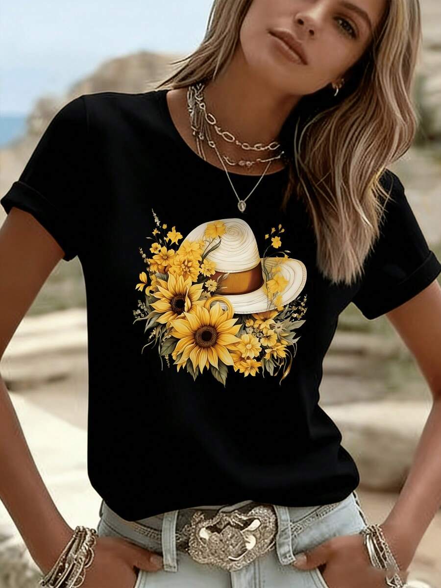 Camiseta de algodón de manga corta para mujer, con estampado gráfico de girasoles y flores, ideal para vacaciones, estilo casual, cuello redondo, ropa de mujer. - Negro - Ver 1