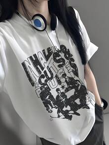 Camiseta de manga corta con estampado de letras gris Y2K, moderna, de verano para mujer, nueva moda, versátil, holgada, cuello redondo, top Y2K - Blanco - Ver 3