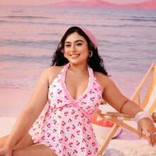 Swim Mod Plus Size Women Swimsuit, Sweet & Cute Casual Beach Holiday Random Floral, Plaid, Cherry Print Criss-Cross Ruffle Halter Tie Two Pieces Tankini Swimwear - Rosa - Ver 1