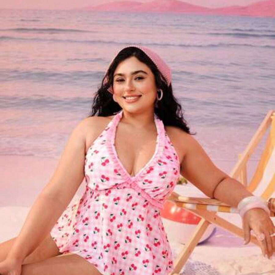 Swim Mod Plus Size Women Swimsuit, Sweet & Cute Casual Beach Holiday Random Floral, Plaid, Cherry Print Criss-Cross Ruffle Halter Tie Two Pieces Tankini Swimwear - Rosa - Ver 1