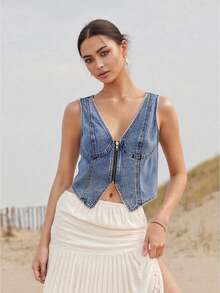 Women's Summer Jean Vest Waistcoat Sleeveless Zip Up Denim Vest Tank Tops Jean Jacket - Azul - Ver 1