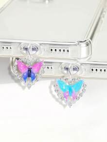 Accesorio de enchufe antipolvo con decoración de mariposa y corazón de ónix y cristal, accesorio colgante compatible con todos los modelos de teléfono - Multicolor - Ver 2