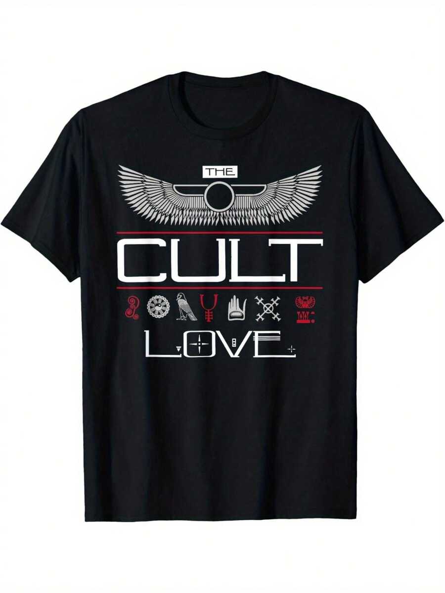 Camiseta Gráfica The Cult Love para Hombre | Camiseta con diseño de alas inspirada en bandas de rock, lavable a máquina, cuello redondo, ajuste cómodo para todas las estaciones, diseño atrevido, tela transpirable, perfecta para conciertos, gimnasio, uso casual. Una camiseta de manga corta adecuada para el hogar, uso diario, fiestas y viajes-ideal como regalo para amigos o familiares. - Negro - Ver 1