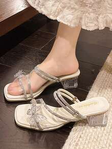 weiweiting Giày sandal cao gót quai ngang đính đá lấp lánh kiểu dáng mới mùa hè 2026, giày cao gót đế dày thời trang kiểu cổ tích cho tiệc cưới. - Màu be - Xem 10