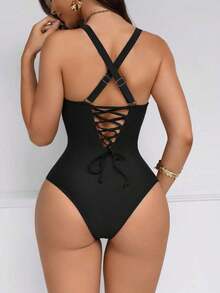 Traje de baño de una pieza con control de abdomen y push-up, con parches de color marrón, cordón de ajuste elegante y sexy, para fiestas y piscina - Negro - Ver 7