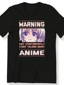 Present-t-shirt för animeälskare för män, kvinnor och barn. Varning: De kan spontant börja prata om anime. Roliga t-shirts för kvinnor, damkläder, sommarklänningar för kvinnor. Avslappnad sommar-t-shirt för kvinnor. - Svart - Visa 1
