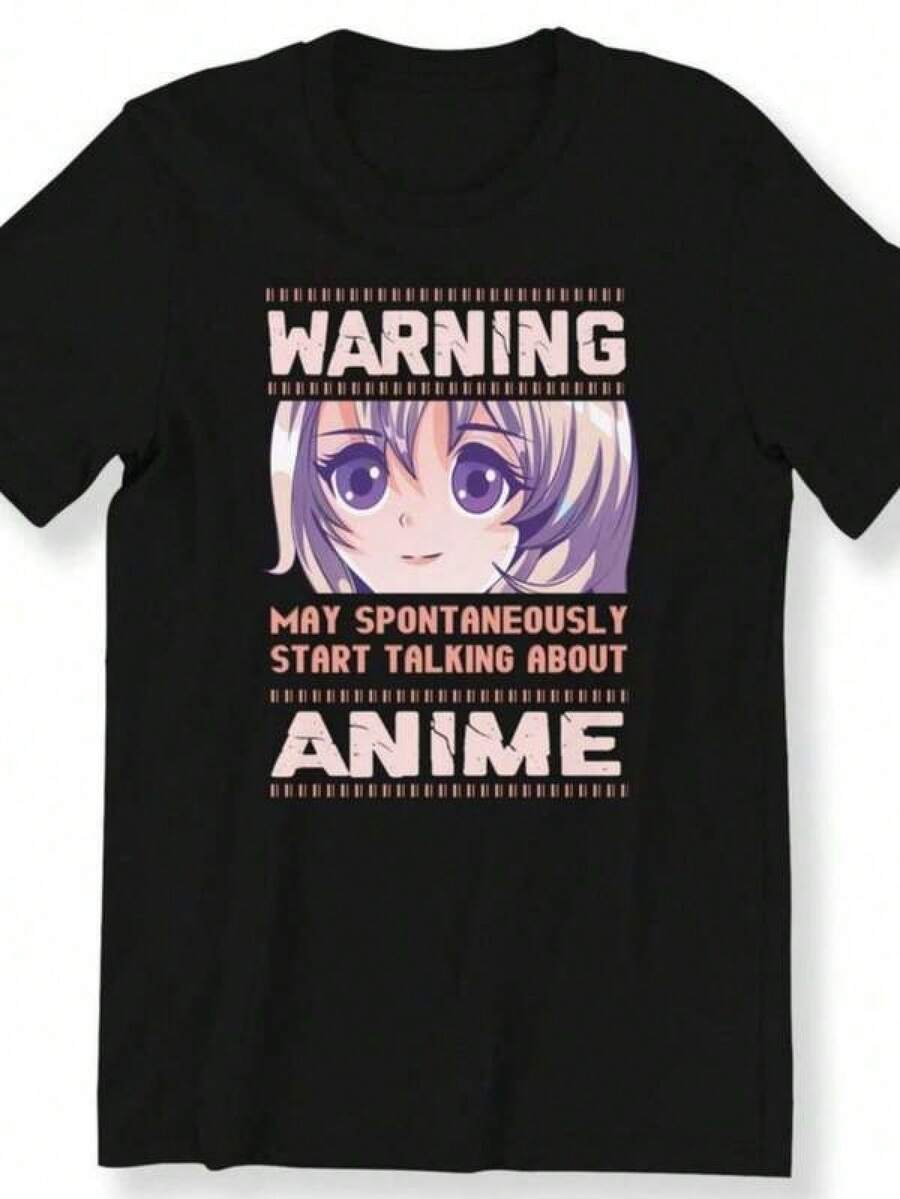 Present-t-shirt för animeälskare för män, kvinnor och barn. Varning: De kan spontant börja prata om anime. Roliga t-shirts för kvinnor, damkläder, sommarklänningar för kvinnor. Avslappnad sommar-t-shirt för kvinnor. - Svart - Visa 1