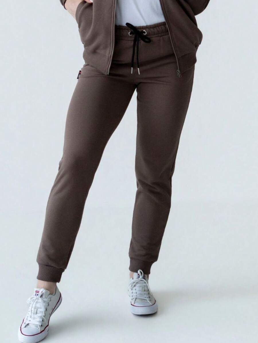 Pantalones de chándal para mujer con puños acanalados en las piernas, cintura acanalada con cordón, hechos de tela de felpa francesa - Marrón Chocolate - Ver 1
